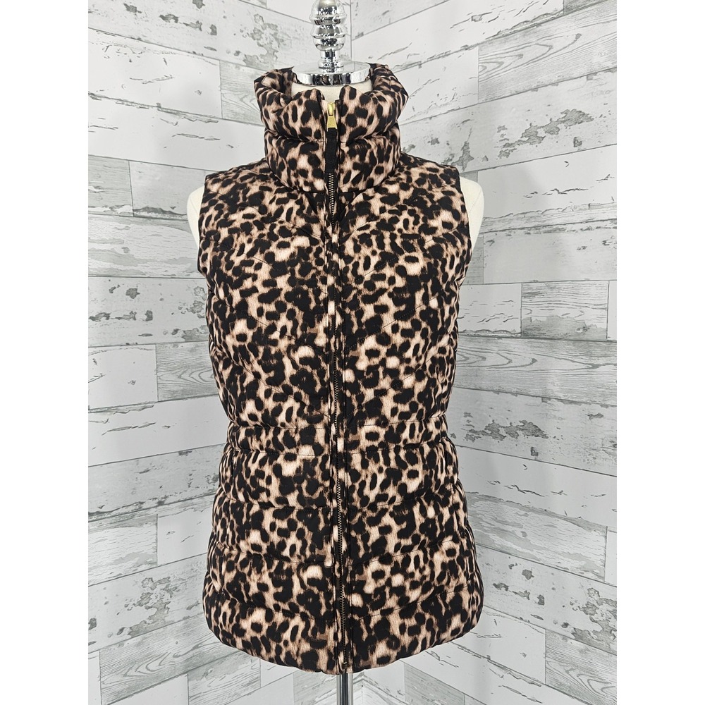 Talbots Leopard Print Puffer Vest Womens XS Brown Tan Down Fill Quilted Zip Up
